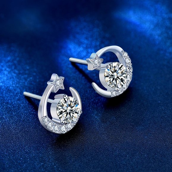 Certified 1 ct. t.w. Moissanite Diamond Moon Star  Stud Earrings NEW - Picture 3 of 9